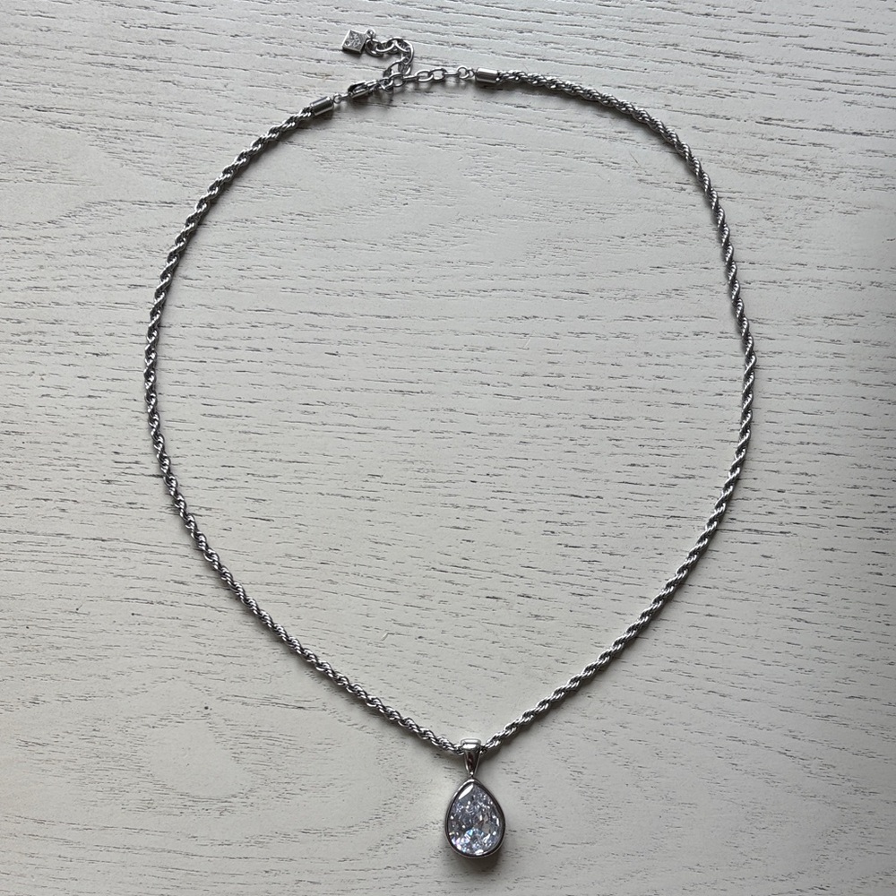 Alex and Ani Silver Teardrop Pendant Necklace with Clear Stone